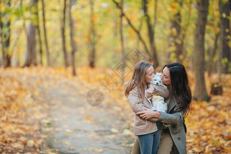 母女图片秋天公园里的母女和宠物背景