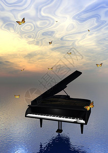 交响乐黑钢琴在海面上周围有很多美丽的蝴蝶包围着许多美丽的蝴蝶音乐之上图片
