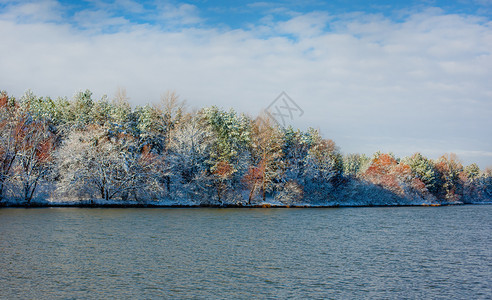 旅行冬天的河流景观和覆盖着白霜的树枝在阳光明媚的日子里冬季景观场图片