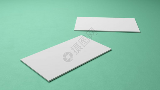 横幅渲染白色平方形商务卡模型堆叠在绿色薄荷糊面彩表背景的绿薄膜纸牌彩表格背景上品牌展示模板打印35x2英寸纸张尺覆盖3D插图干净图片