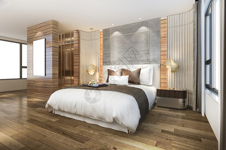 地面阁楼3D在酒店提供漂亮的豪华卧室套房装有镜子衣柜灯图片