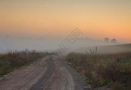 草甸在地之间有一条泥土路的景观消失在浓密的雾中由太阳升起所美化的光辉闪烁其背景是蓝色的天空覆盖着雾10月波兰秋天风景优美污垢图片
