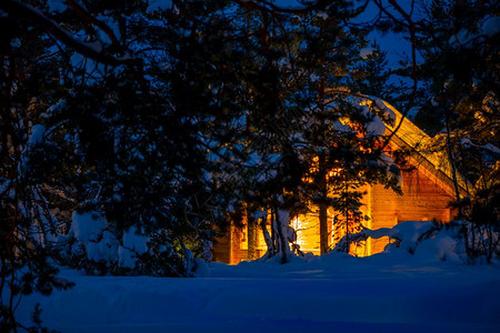 夜间冬季森林中的木房子夜雪中大量积的熔化岩层家仙女寒冷的图片