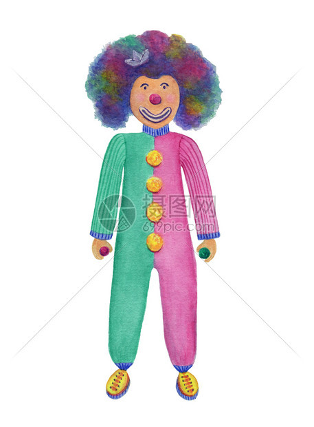 童年水彩色小丑有趣的配多彩球的花水色插图友好复古的图片