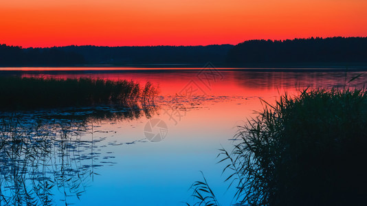 重点草农村在夏季日落后红天下湖的美丽夜晚景色长期接触有选择焦点复制俄罗斯的空间Tudozero图片