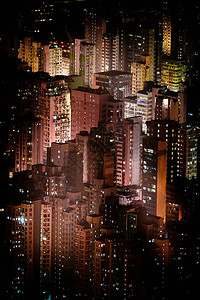 抽象的目地具有明亮摩天大厦照的香港空中观察全景的抽象未来夜间城市风景经济图片