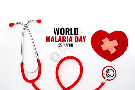 世界疟疾日4月25保健和医疗概念红色听诊器和白背景的红心家庭工作管理图片