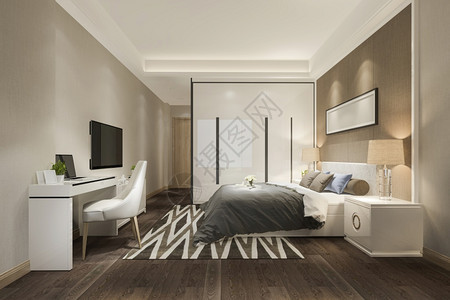 3d提供美丽的豪华卧室套房在酒店与电视床木头奢华图片