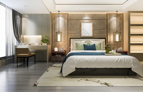 3d提供美丽的豪华卧室套房在酒店与电视架子放松蓝色的图片