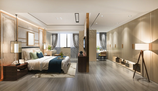 经典的渲染现代3d提供美丽的豪华卧室套房在酒店与电视图片