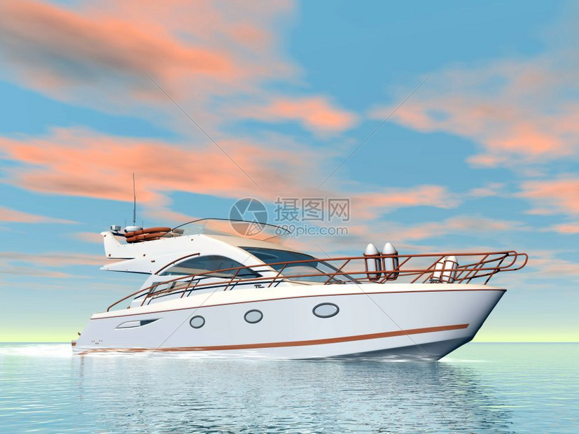 休闲的发动机颜色在水上漂亮的白色游艇由多彩的日落安静游艇3D图片