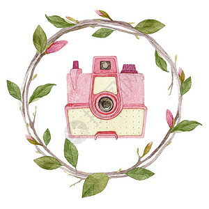 花的白色目在背景隔离的木兰花圈中水彩古光摄影相机Spring手画图解用于摄影标志等在白色背景隔离的木兰花圈中水颜色古光照相机图片