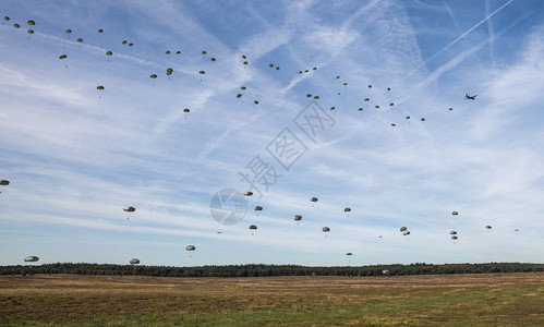 跳伞者风险EdeHolland20Sept2019在GinkelHeath的空中纪念仪式上空降了双滴子几百个伞兵从草原坠落下来达图片