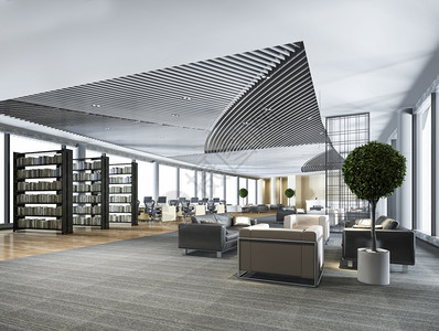装饰风格电脑3d提供优雅的休息室大厅区和有工作桌沙发套装的图书馆上市图片