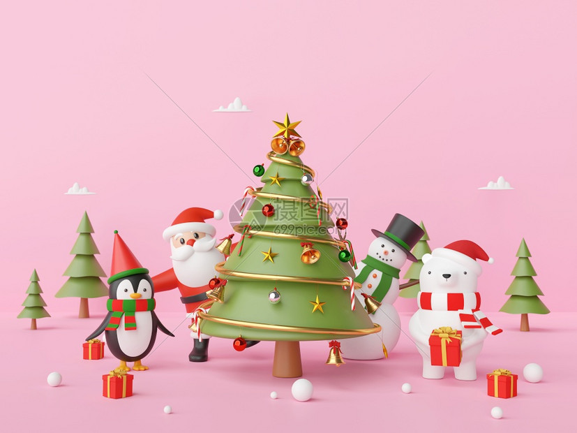 闪光卡片圣诞快乐新年圣诞节与老人和朋友在粉红背景上举行3D演唱会喜庆的图片