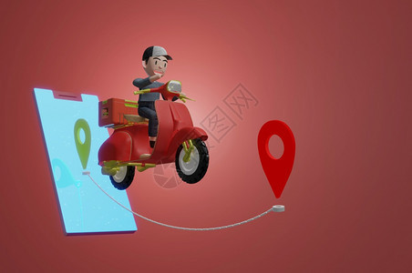 运输数字的技术3d说明用电子商业中的红色背景秩序套装的移动电话小摩托车提供成套服务通过应用程序跟踪信使图片