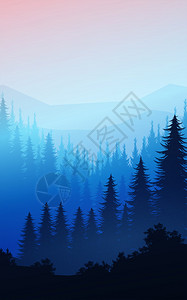 矢量山黎明多雾路段自然森林天松树山地平面壁纸湖貌浅棕树红天空日出和落说明矢量风格色彩多的视野背景云背景