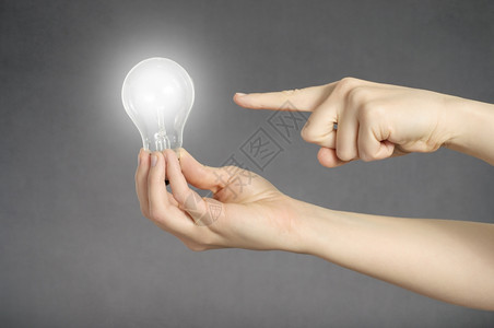 指着一只手中发光灯泡的指想像力电明亮的图片