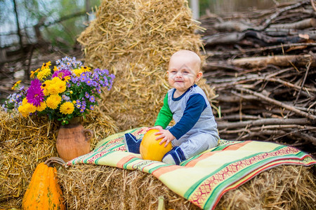 荚um童年与黄熟南瓜和背景的有趣孩子在大草背景与南瓜的有趣孩子秋天图片