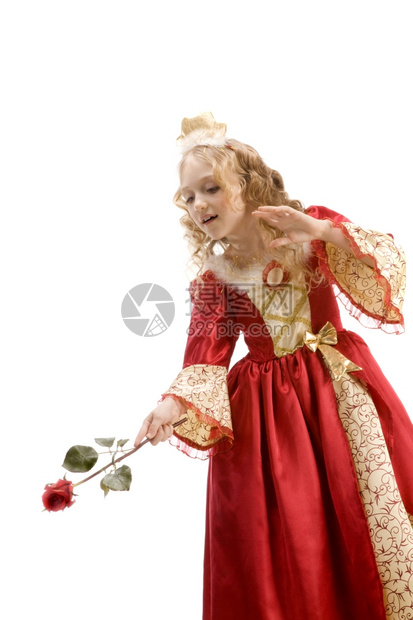 白种人美丽的小女孩长金发穿着公主服装红玫瑰像魔杖般的红玫瑰在白色背景的红和金帝国礼服学校诺维科夫