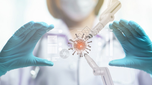 渲染致病的实验室医生手握透明平板显示带有机器人臂的冠状细胞图片