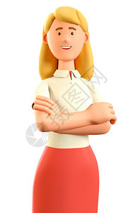 手臂3D插图充满自信的金发美女双臂交叉贴近卡通画像笑着迷人的女商穿着红裙子孤立在白色背景上人们头发图片
