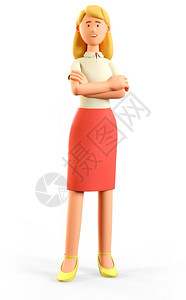 秘书强的三维插图3D漂亮金发美女站立双臂交叉的卡通画像笑着充满自信的有魅力女商人穿着红裙子孤立在白色背景上摆姿势图片