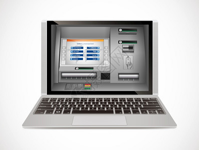 象征金融钱ATM作为笔记本电脑的自动柜员机现金概念图片
