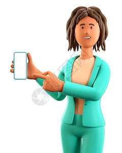 3D插图微笑着的美籍非洲妇女拿着智能手机并展示空白屏幕关闭卡通女商人的肖像她用空显示器指向露天电话发型保持空的图片