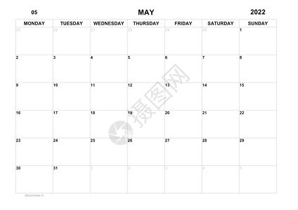 英语空白的20年5月的计划者度历20月的组织者业务计划月度待办事项计划者的空单元格月度组织者日历周开始计划者月的历日周开始星期图片