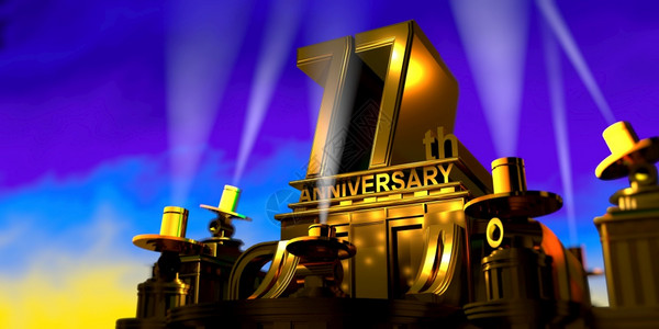 音乐会7周年纪念日在一座大型金色仿古风格建筑上由6盏泛光灯照亮在日落时蓝天上发出白光3D插图夜晚蓝色的图片