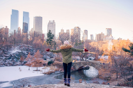 十二月景观女后视享受着中央公园冰场和纽约市曼哈顿摩天大楼的风景纽约市中央公园的美貌女孩在纽约市曼哈顿孩子图片