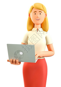 三维插图3D美女金发人拿着笔记本电脑近距离拍摄动画肖像利用计算机白色背景办公室概念孤立的红裙子上微笑着迷人的卡通女商业短裙秘书图片