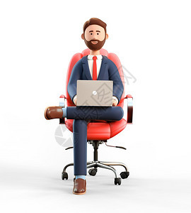 套装特点3D插图快乐笑的商人穿着笔记本电脑坐在扶椅上看着照相机卡通胡子男在办公室工作使用计算机白背景被孤立手持笔记本电脑金融图片