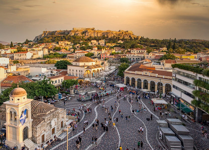 帕台农神庙希腊雅典日落时Monastiraki广场和Acropolis的天文全空中风景美丽的城市图片