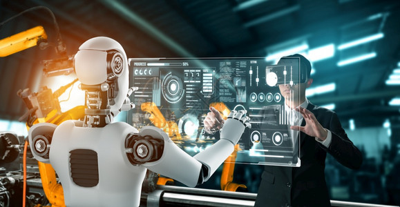 实验室机械化工业器人与类工在未来厂中协同作业革命和自动化制造过程的人工智能概念机械化工业器人和类工在未来厂中协同作机器人化技术图片