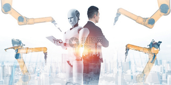 机器人化械工业器人与类工在未来厂中协同作业革命和自动化制造过程的人工智能概念机械化工业器人和类工在未来厂中协同作质量未来派图片