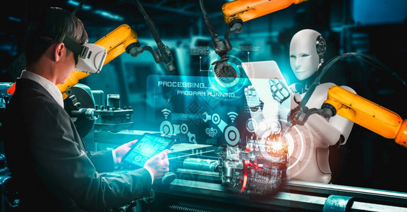 半机械人化工业器人与类工在未来厂中协同作业革命和自动化制造过程的人工智能概念机械化工业器人和类工在未来厂中协同作软件想象图片
