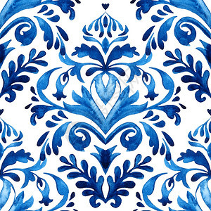 水彩蓝色花卉设计ikat地中海风格无缝图案波斯花丝背景用于织物和陶瓷的锦缎油漆砖图案用于织物和壁纸的锦缎地中海曼陀罗花蓝色的重复图片