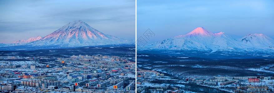 东方堪察加半岛彼得罗巴甫洛夫斯克市和科里亚斯基火山阿瓦查科泽尔斯基火山俄罗远东堪察加半岛火山的全景滑翔伞图片