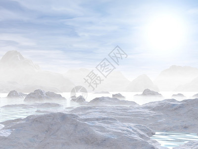美丽北部自然景观白冰山在寒冷的天融于水中极白色的图片