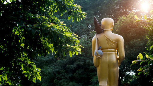花园泰国在植物内行走时看到金色的泰佛雕像后视线艺术图片