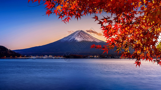 雪东京春天日落时的藤山和川口子湖秋天是日本矢马纳奇的藤山季节图片