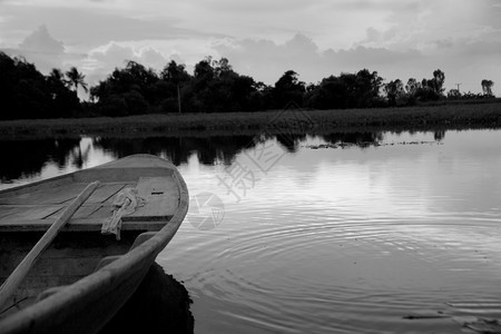 景观天然树木和空在池塘中的黑白船只渔夫日落图片