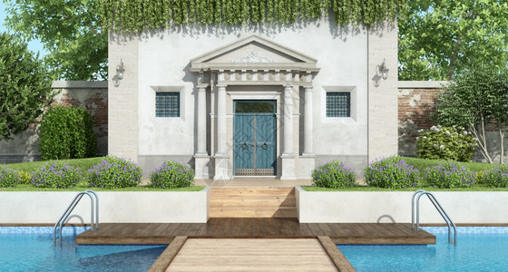 季节一栋古典别墅的景色豪华花园有大型游泳池3D为古典别墅提供豪华花园和游泳池天新古典主义图片
