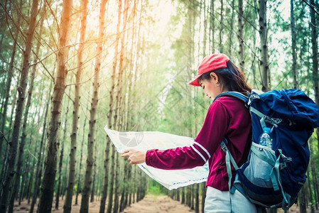 木头积极的夏天度假旅行和野生自然概念期间参加松林远足的女游客旅行以及生活方式和妇女的活动人民和户外冒险主题回顾观点和有选择的重图片