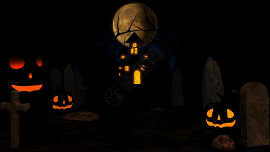 夜晚万圣节背景与闹鬼屋魂蝙蝠和南瓜在迷雾的夜里惊吓天空中奇幻的大月亮3D翻腾十月图片