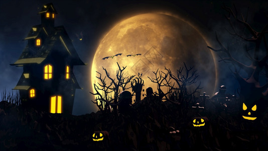 诡计幽灵般的黑暗万圣节背景与闹鬼屋魂蝙蝠和南瓜在迷雾的夜里惊吓天空中奇幻的大月亮3D翻腾图片