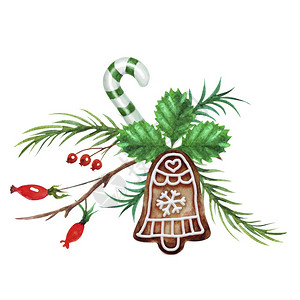 圣诞果手绘画在白色背景上孤立的水彩色插图在白色背景上孤立的圣诞姜饼铃声配有fir树枝和玫瑰果草莓Handdrawn剪辑用于装饰水彩画卡设计图片