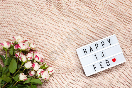 躺着粉色毯子上的小玫瑰布束光盒上面刻着快乐14自由解放节意思是情人平板露天观2月14日的庆典概念爱裹图片